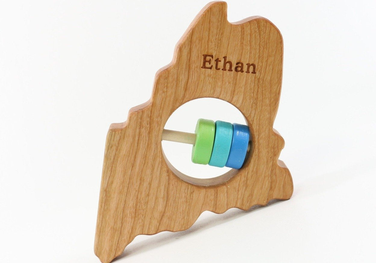 Maine State Wooden Baby Rattle™ with personaliation - Bannor Toys